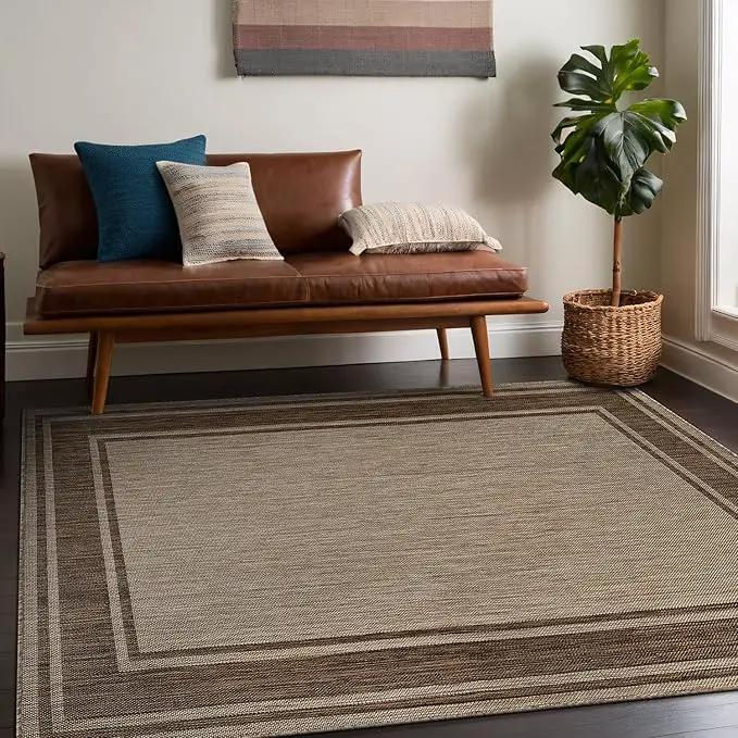 Beverly Rug Outdoor Rug 6x9 Modern Bordered Area Rugs for Indoor and Outdoor Patio Deck Porch Garden Waterproof Weather Sun Resistant Washable Outside Carpet (6 x 9 Jute), photo 4 of 9