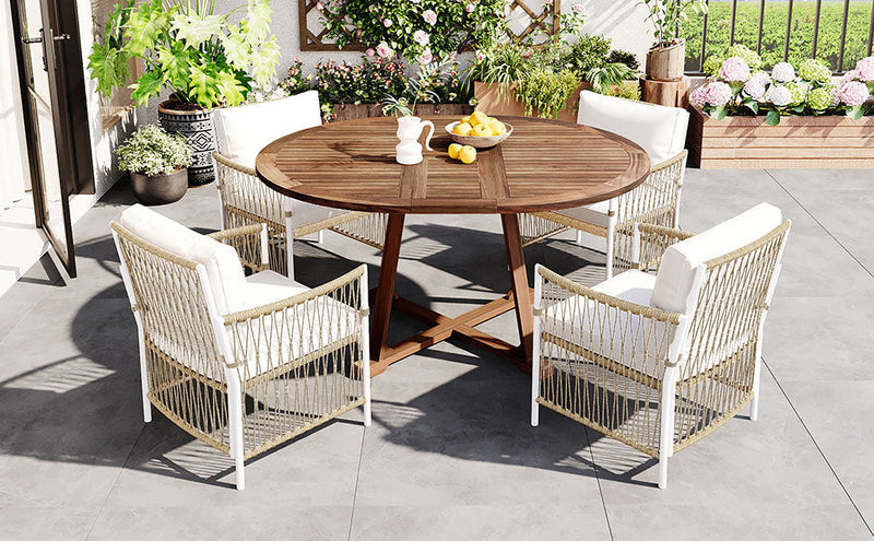 TOPMAX Modern 5-Piece Patio Extendable Wooden Dining Table Set, 12inch Butterfly Leaf Foldable Round Kitchen Table Set with 4 Rattan Arm Chairs for Backyard,Balcony, Garden, Poolside, Natural