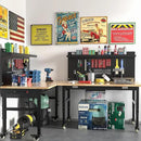 48" Heavy Duty Adjustable Workbench with Large Pegboard, Adjustable Work Table with Power Outlets & Lockable Wheels, Rubber Wood Workstation for Garage, Workshop, Office, Home, Commercial