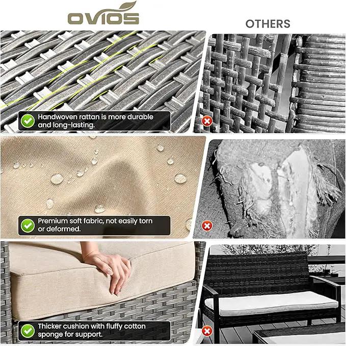 ovios 6 Pieces Patio Furniture Set with 30" Fire Pit Table, Outdoor Wicker Sofa with Comfy Cushions, All Weather High Back Rattan Couch Conversation Set, Beige, photo 7 of 8