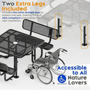 Metal Picnic Tables for Outdoors with Umbrella Hole - Coated Steel Heavy Duty Commercial Grade Table with Adjustable Seats (Black, 46 in, Square with Back, Expanded Steel) by GreenHaven Gardens