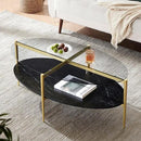 Oval Glass Coffee Table, Mid-Century Modern Design, L43 x W22 x H17 inch, Surfboard Shaped Grey Glass Top and Black Marble Finish Wood Shelf, Tapered Legs with Gold Finish Frame by CozyNest Decor