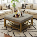 Large Square Ottoman Coffee Table, Linen Solid Upholstered Footrest Ottoman with Solid Wood Shelf Storage Tufted Coffee Table for Bedroom Living Room, Linen by CozyNest Decor