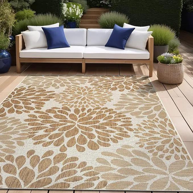 Beverly Rug Outdoor Rug 9x12 Modern Exotic Tropical Leaf Area Rugs for Indoor and Outdoor Patio Deck Porch Garden Water Resistant Washable Outside Carpet (9 x 12 Beige), photo 8 of 9