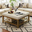 Large Square Ottoman Coffee Table, Linen Solid Upholstered Footrest Ottoman with Solid Wood Shelf Storage Tufted Coffee Table for Bedroom Living Room, Ivory by CozyNest Decor