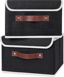 ANMINY 4PCS Storage Bins with Lid PU Leather Handles Storage Boxes PP Plastic Board Decorative Foldable Lidded Cotton Linen Fabric Home Cubes Baskets Closet Organizer Containers - Black, Small Size by TinyTreasures Baby Boutique