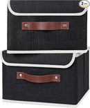 ANMINY 2PCS Storage Bins with Lid PU Leather Handles Storage Boxes PP Plastic Board Decorative Foldable Lidded Cotton Linen Fabric Home Cubes Baskets Closet Organizer Containers - Black, Small Size by TinyTreasures Baby Boutique