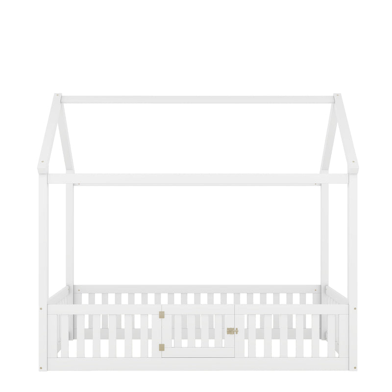 Walker Edison | Twin Size Wood House Bed with Fence and Door, White