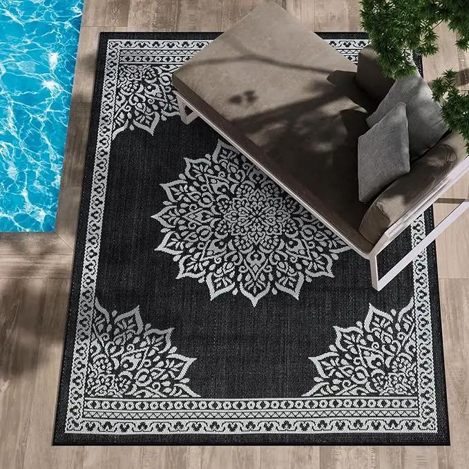 CAMILSON Outdoor Rug, 6x9 Medallion Black White Modern Area Rugs for Indoor and Outdoor Patios, Kitchen and Hallway Mats, Washable Porch Deck Outside Carpet (Medallion Black, 6 x 9), photo 8 of 10