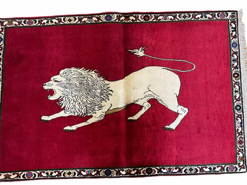 4 X 6 Handmade Hand-Knotted Quality Wool Rug Zagros Lion Red Ivory Tribal Rug
