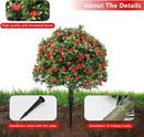 28" Artificial Boxwood Topiary Tree with Rose, Set of 2 Artificial Shrub Bushes with Ground Spike, Fake Evergreen Tree for Porch, Artificial Plants for Outdoor Planters Indoor UV Resistant by GreenHaven Gardens