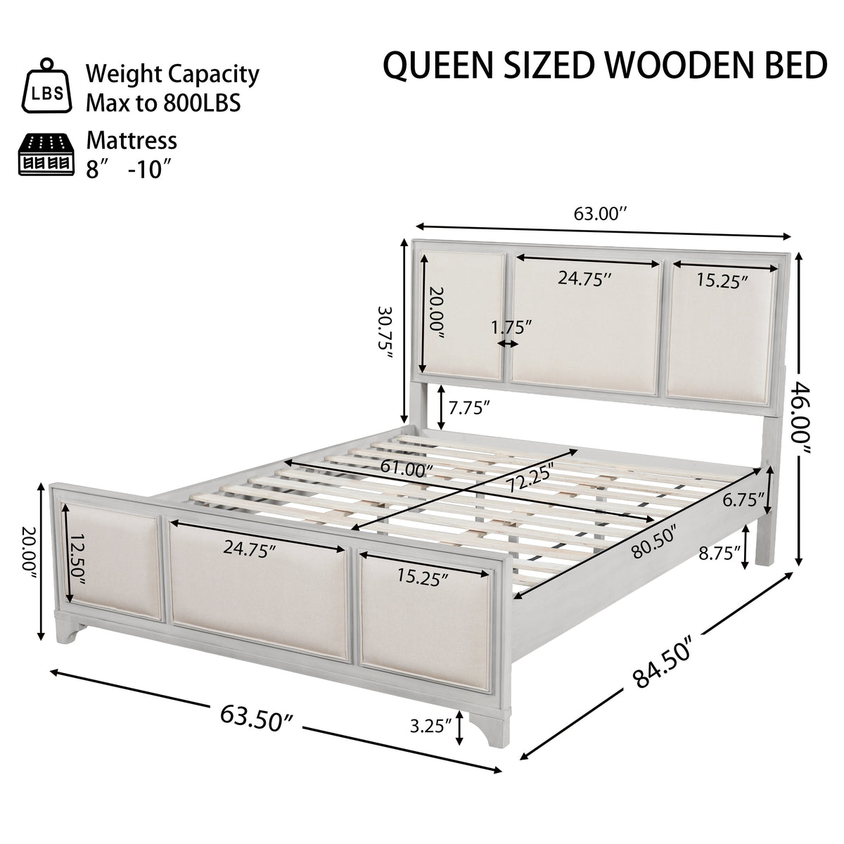 Queen Size Wooden Bed Frame with Upholstered Headboard, photo 2 of 10
