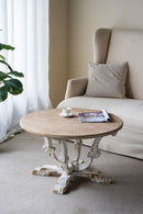 Round Wooden Coffee Table With Distressed Scrollwork Legs - Multicolor by HouseOfZazla