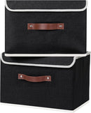 ANMINY 4PCS Storage Bins with Lid PU Leather Handles Storage Boxes PP Plastic Board Decorative Foldable Lidded Cotton Linen Fabric Home Cubes Baskets Closet Organizer Containers - Black, Large Size by TinyTreasures Baby Boutique