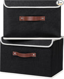 ANMINY 2PCS Storage Bins with Lid PU Leather Handles Storage Boxes PP Plastic Board Decorative Foldable Lidded Cotton Linen Fabric Home Cubes Baskets Closet Organizer Containers - Black, Large Size by TinyTreasures Baby Boutique