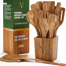 Vasilek Wooden Cooking Utensils Set – 12-Piece Acacia Wood Kitchen Utensil Set with Square Holder & Spoon Rest, Non Toxic Wooden Tools for Nonstick Cookware, Spatula, Ladle, Serving Spoon by CozyNest Decor