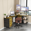 Industrial L Shaped Computer Desk With Power Outlets & USB-C, 6 Fabric Drawers, 3 Open Shelves, Movable Monitor Stands - Brown by HouseOfZazla