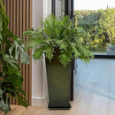 WORTH Garden 28" Large Metal Glazed Planter Set of 2, Luxurious Glossy Finish Green Tall Square Tapered Steel Plant Pots, Decor Flower Pot Indoor & Outdoor, Drainage Hole & Dual-Purpose Plant Saucer by GreenHaven Gardens