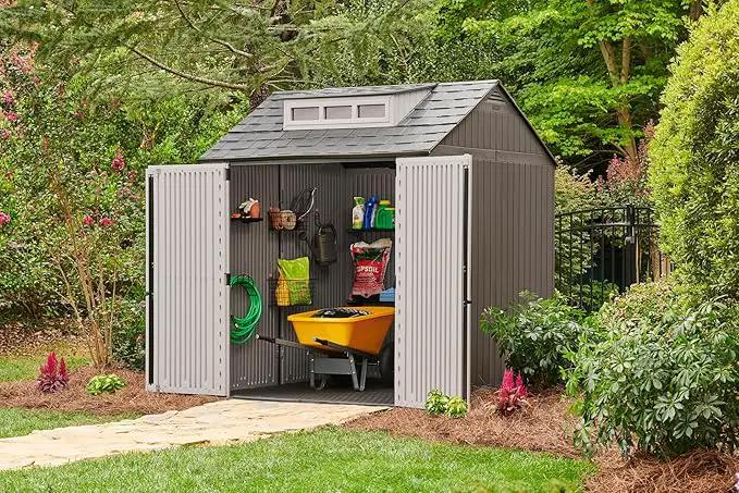 Rubbermaid Large Resin Outdoor Storage Shed With Floor (7 x 7 Ft.), Weather Resistant, Brown, Organization for Home/Lawn Mower/Backyard Equipment/Bike Storage/Pool Supplies, photo 2 of 7