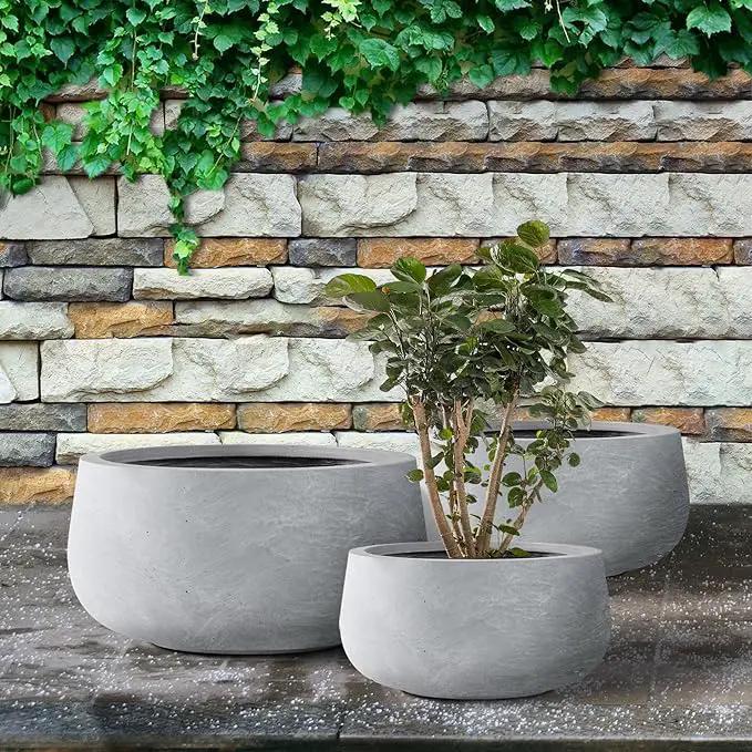 Kante 19.6",15.7",11.8" Dia Round Concrete Planters Set of 3, Cement Plant Pots with Drainage Hole and Rubber Plug for Outdoor Indoor Garden Home, Modern Curvaceous Design, Gray, photo 3 of 8