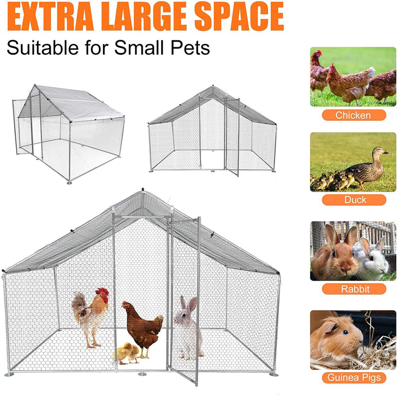 Outdoor Large Metal Chicken Coop 10' x 6.5' x 6.5' Walk-in Poultry Cage Backyard Hen House with Chicken Run Cover