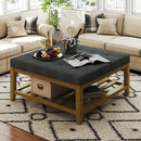 Large Square Ottoman Coffee Table, Linen Solid Upholstered Footrest Ottoman with Solid Wood Shelf Storage Tufted Coffee Table for Bedroom Living Room, Dark Gray by CozyNest Decor