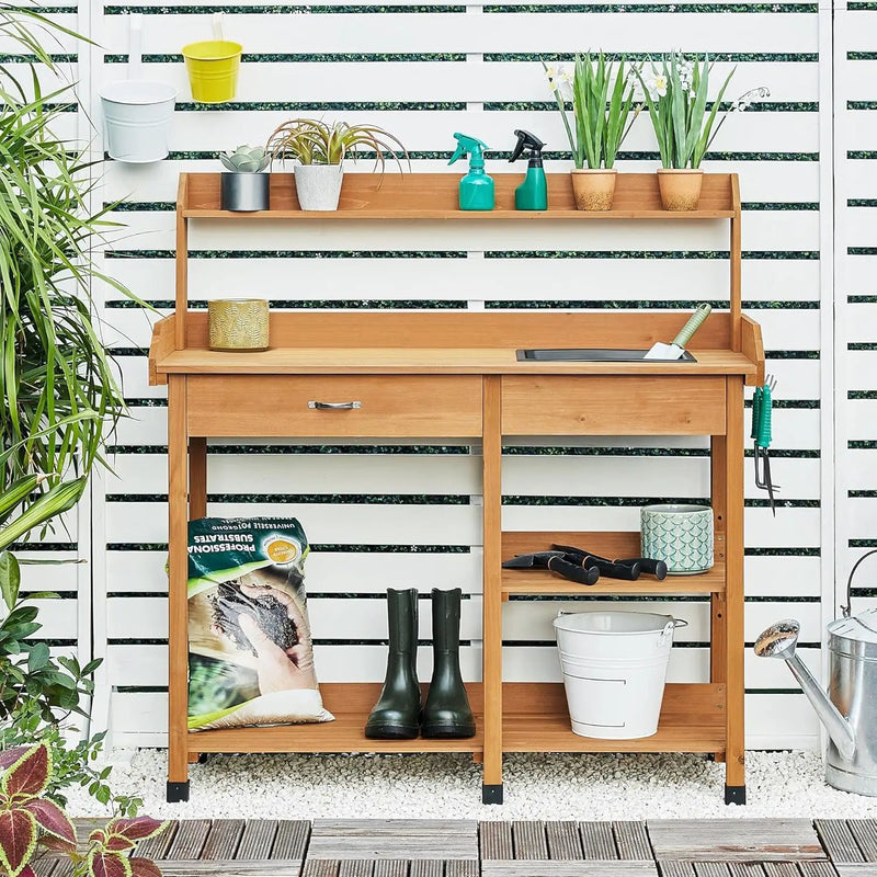 Yaheetech Potting Bench Outdoor Garden Work Bench Station Planting Solid Wood Construction for Horticulture w/Sink Drawer Rack Shelves Natural Wood, photo 5 of 6