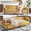 89” Futon Sofa Bed, Linen Comfy Futon Couch Bed with 2 Square Pillows, Convertible Sleeper Sofa with Adjustable Backrest& Armrests, Modern Loveseat Sleeper for Living Room, Bedroom, Yellow by CozyNest Decor