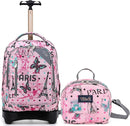 NEW TILAMI 18 inch Rolling Backpack for Kids, Waterproof, Adjustable Handle, Stair Climbing, Large Storage for School, Travel, Girls & Boys, Pink Paris by TinyTreasures Baby Boutique
