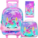 Girls Rolling Backpack, Cute Unicorn Roller Wheels Kids Bookbag - Wheeled Elementary School Bag - 3PCS Unicorn by TinyTreasures Baby Boutique