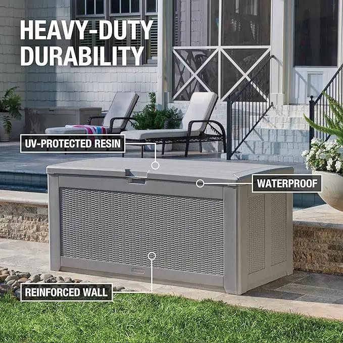 Rubbermaid Extra Large Resin Outdoor Storage Deck Box (134 Gal), Weather Resistant, Gray, Deck Organization for Home/Backyard/Pool Chemicals/Toys/Garden Tools/Porch/Patio Cushions, photo 3 of 6