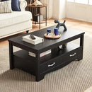 LINSY HOME Farmhouse Coffee Table with Storage, Wood Coffee Table for Living Room, Open Display Area and Storage Drawers with Metal Handles, Chic Style with Curved Base, Black by CozyNest Decor