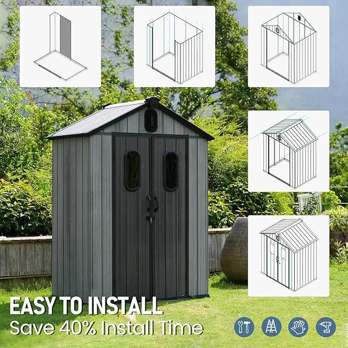 Domi 5x3 FT Outdoor Resin Storage Shed, All-Weather Double-Wall Storage Building for Backyard, Garden, Lawn Tools, Mower, Bike & Pool Equipment, Lockable Doors, Ventilated Roof, Grey, photo 9 of 9