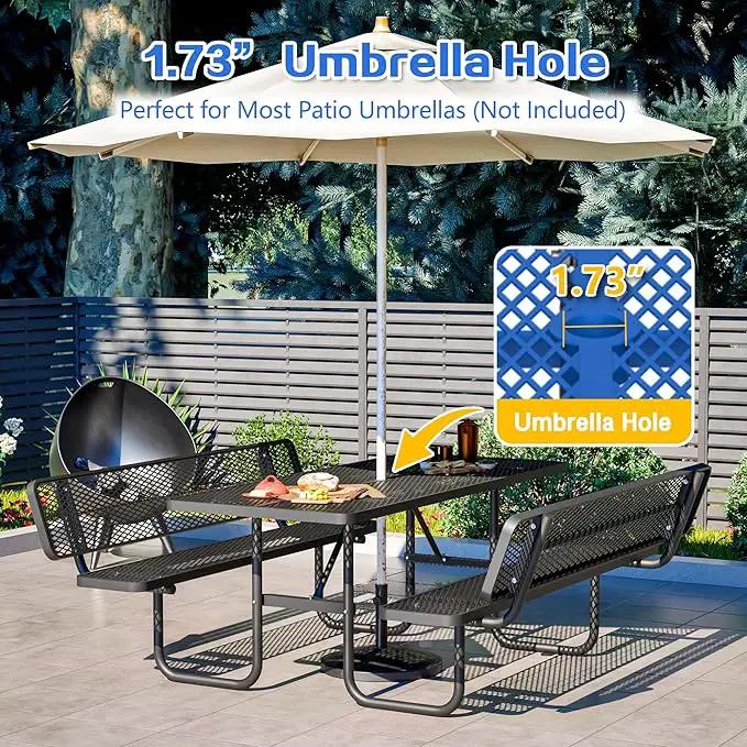 79'' Steel Rectangular Picnic Table for Outdoors, with backrest, Expanded, Lifetime Picnic Table with Umbrella Hole, Heavy Duty Sturdy Commercial Picnic Tables for Garden Courtyard BBQ, Blue, photo 6 of 9