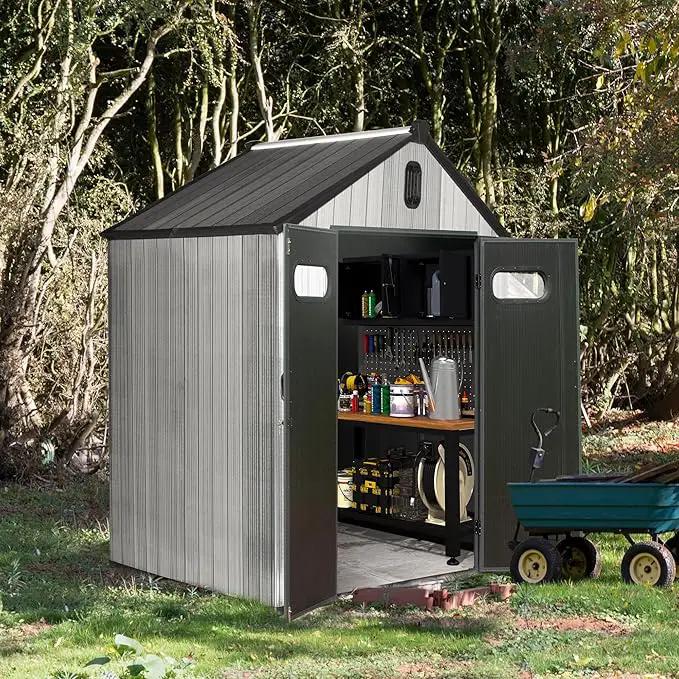 Domi 6x4 FT Outdoor Resin Storage Shed, All-Weather Double-Wall Storage Building for Backyard, Garden, Lawn Tools, Mower, Bike & Pool Equipment, Lockable Doors, Ventilated Roof, Grey, photo 2 of 9