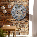 Unique Moving Gear Large Wall Clock - Battery Powered. Retro Industrial Steampunk Country Farmhouse Decor for The Living Room Kitchen Bars cafes and Offices (Blue/Metal/Round) by CozyNest Decor
