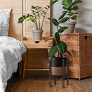 D'vine Dev Ceramic Planter with Walnut Color Stand - 8 Inch Modern Round Flower Pot with Wood Planter Holder, Black/Speckled Tan, 55-B-Y-7 by CozyNest Decor