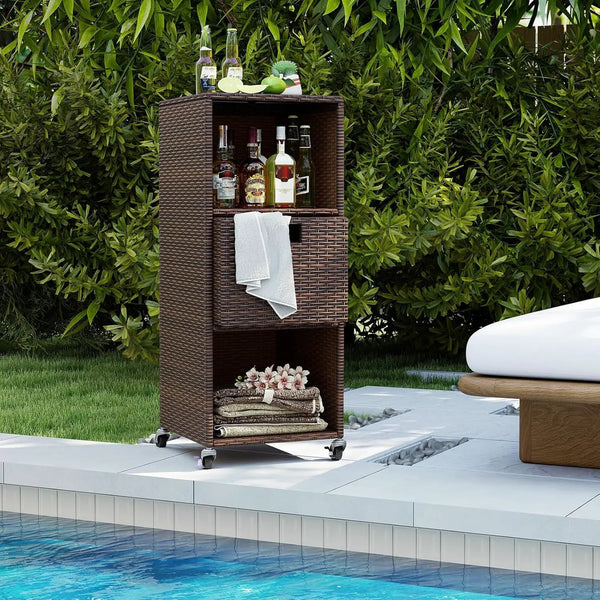 Tangkula Rattan Outdoor Storage Cabinet, Patiojoy Outdoor Wicker Cabinet with 3 Shelves, 1 Removable Drawer, 4 Wheels, Patio Storage Deck Box Cart for Backyard Poolside Porch (Mix Brown), photo 2 of 6