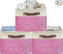 SIMPLE HOUSEWARE Large Fabric Storage Bin, 15" x 11" with Leather Like Handles, 3 Pack, Pink by CozyNest Decor