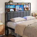 Headboard with 3-Tier Storage Shelves, Velvet Upholstered Head Board with 2 Outlets, USB Ports & LED Light, Soft Backrest for Full Size Bed, Rustic Brown and Black BH13801B by CozyNest Decor