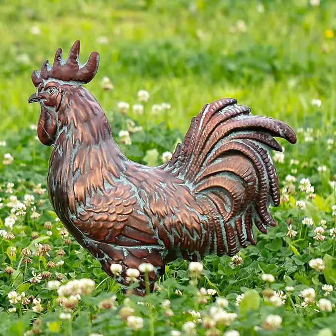 Garden Rooster Statues,15.7" L x 18.8" H Outdoor Metal Chicken Figurines,Antique Copper Chicken Sculptures & Statues Ornaments,3D Large Yard Rooster Decor for Home Kitchen Patio Farm, photo 6 of 8