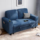 LINSY HOME Loveseat Sofa with Storage - Comfy Plush Corduroy 2 Seater Sofa with USB Charging & Cup Holders, Deep Seat Love Seat for Small Spaces Living Room Bedroom Apartment, Blue by CozyNest Decor