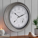 CLXEAST 18 Inch Farmhouse Illuminated Outdoor Atomic Wall Clock with Thermometer & Hygrometer Combo, Night Lighted Wall Clock with Smart Sensor, Weather Stations,Brushed Grey Oak Finish by CozyNest Decor