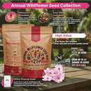 Organo Republic 21 Annual Wildflower Seeds Mix for Indoor & Outdoors. 100,000+ Non-GMO, Heirloom Wildflower Garden Seeds, 4oz Packet for Growing Wild Flowers to Attract Bees, Butterflies & Birds by GreenHaven Gardens