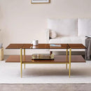Extra Large Rectangle Glass Coffee Table, Mid-Century Modern Design for Living Room, L47 x W24 x H17, Amber Glass Top and Walnut MDF Shelf, Sleek Conical Metal Legs with Gold Finish by CozyNest Decor