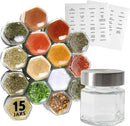 IMPRESA Hexagon Magnetic Spice Jars - 15 Pack 1.74 oz Glass Jars With Stainless Steel Lids - Airtight Magnetic Seasoning Containers & Space-Saving Honeycomb Fridge Magnets - 60 Preprinted Labels by CozyNest Decor