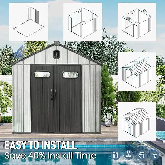 Domi 8x8 FT Outdoor Resin Storage Shed, All-Weather Double-Wall Storage Building for Backyard, Garden, Lawn Tools, Mower, Bike & Pool Equipment, Lockable Doors, Ventilated Roof, Grey, photo 9 of 9