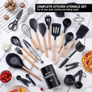 Country Kitchen Non Stick Silicone Utensil Set with Rounded Wood Handles for Cooking and Baking, 38 Piece Set, Black by CozyNest Decor