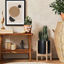 D'vine Dev Ceramic Planter with Natural Stand - 10 Inch Modern Round Flower Pot with Wood Planter Holder, Black, 55-B-K-2 by GreenHaven Gardens
