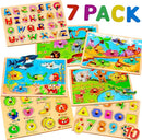 7 Pack Wooden Puzzles for Toddlers 2 3 4 5 Years Old - 7 Colorful Chunky Wood Peg Puzzles for Kids Ages 2-5, Alphabet Shape Numbers Fruits Sea Animals Dinosaur Zoo - Educational Toddler Learning Toys by TinyTreasures Baby Boutique